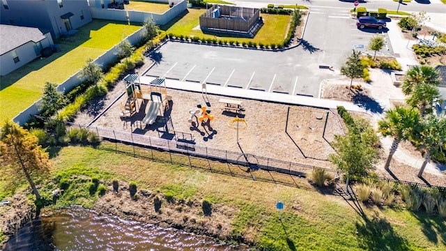 aerial view featuring a water view