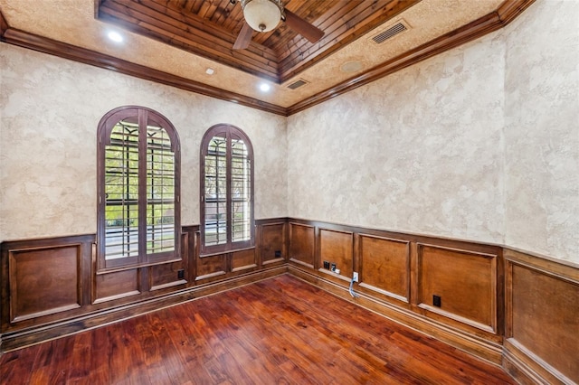 spare room with french doors, ornamental molding, ceiling fan, dark wood-type flooring, and wooden ceiling