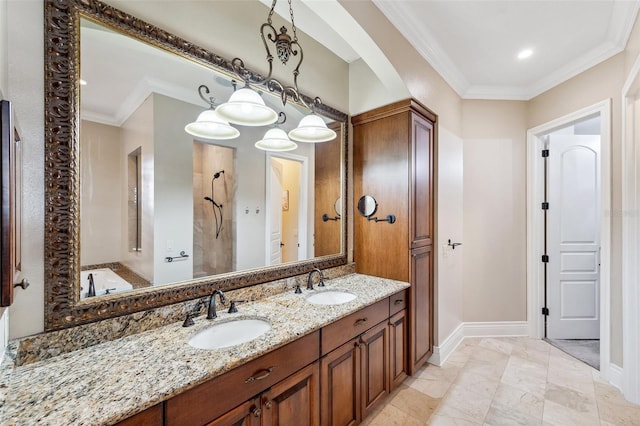 bathroom featuring a shower, vanity, and ornamental molding