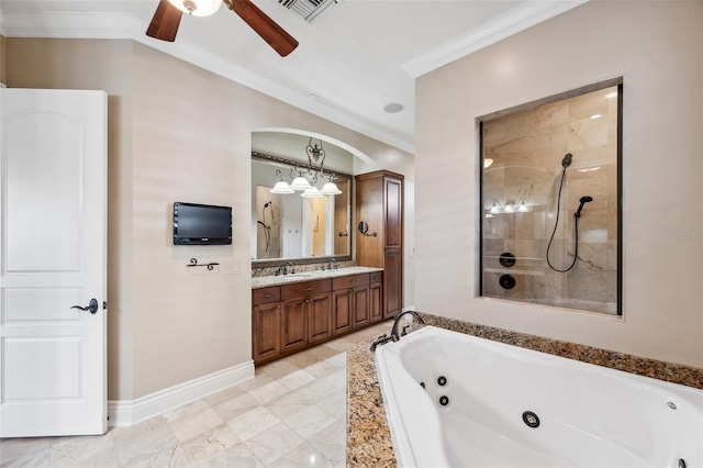 bathroom with plus walk in shower, vanity, and ornamental molding