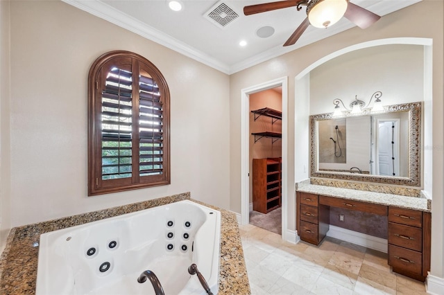 bathroom with vanity, ceiling fan, ornamental molding, and a bath