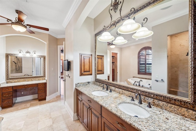 bathroom with crown molding, a bathtub, vanity, and ceiling fan