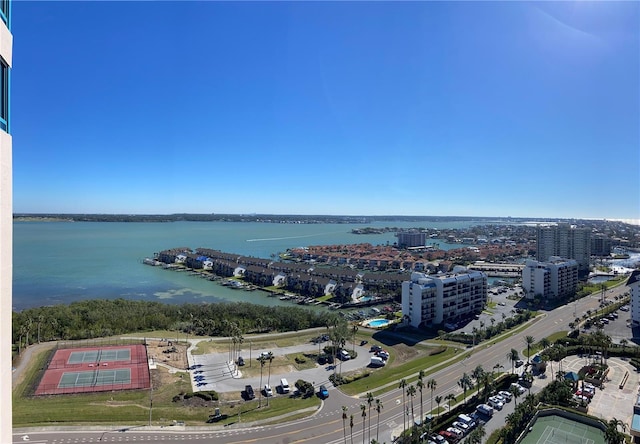 aerial view featuring a water view