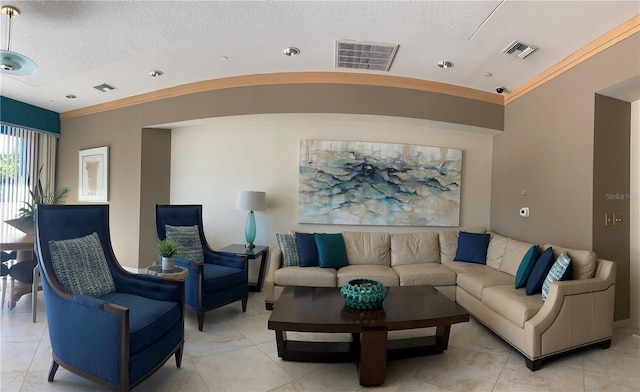 tiled living room with lofted ceiling, ornamental molding, and a textured ceiling