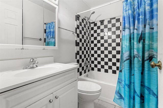 full bathroom featuring tile patterned flooring, vanity, toilet, and shower / tub combo with curtain