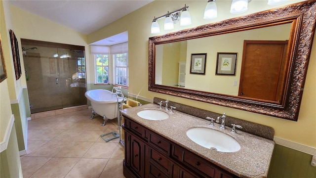 bathroom featuring separate shower and tub, tile patterned floors, vanity, and lofted ceiling