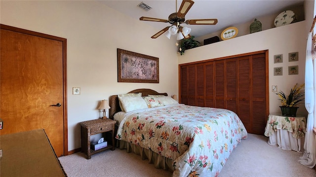 carpeted bedroom featuring ceiling fan