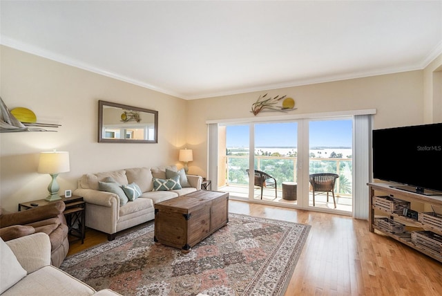 living room featuring light wood-type flooring and crown molding