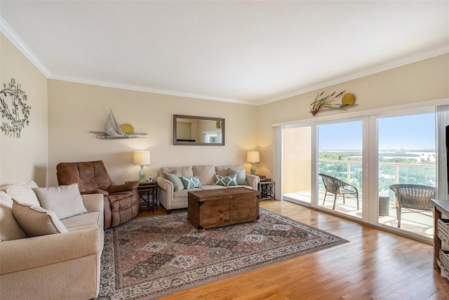 living room featuring hardwood / wood-style floors and crown molding