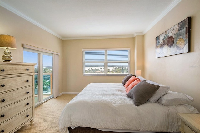 bedroom with multiple windows, light carpet, ornamental molding, and access to exterior