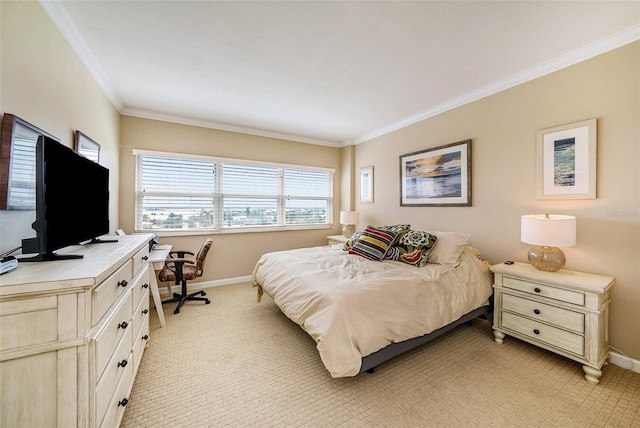 carpeted bedroom with crown molding