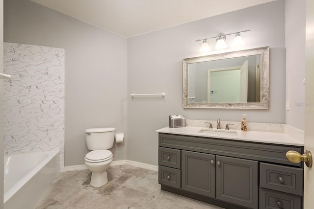 full bath with vanity, baseboards, a tub, walk in shower, and toilet