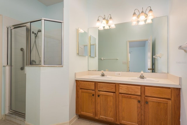 full bathroom with double vanity, a stall shower, and a sink
