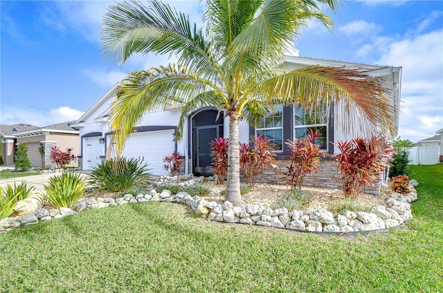 view of front of property with a front yard and a garage