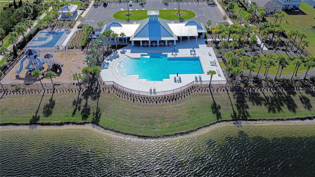 aerial view featuring a water view