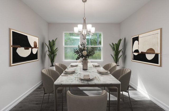 dining space featuring dark hardwood / wood-style floors and an inviting chandelier