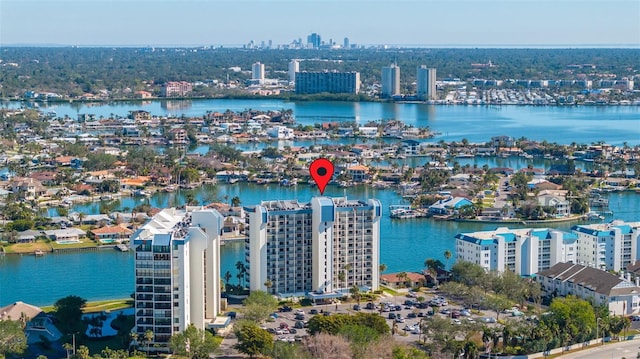 drone / aerial view featuring a water view