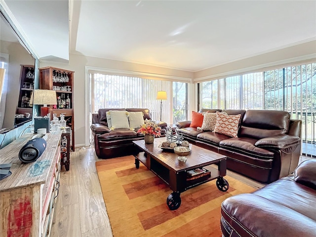 living room with light wood-type flooring and ornamental molding