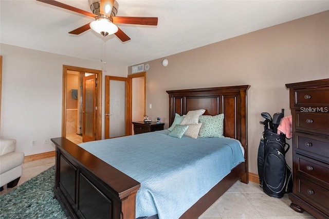 bedroom featuring ceiling fan and light tile patterned flooring