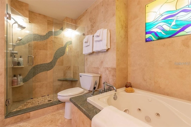 bathroom featuring toilet, tile walls, and plus walk in shower