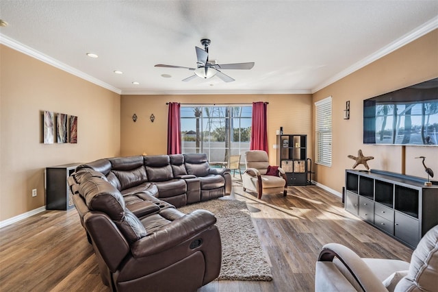 living room featuring hardwood / wood-style floors, ceiling fan, and crown molding