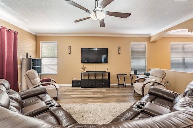 living room with hardwood / wood-style flooring, ceiling fan, ornamental molding, and a textured ceiling