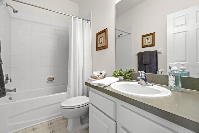 full bathroom featuring vanity, toilet, and shower / bathtub combination with curtain