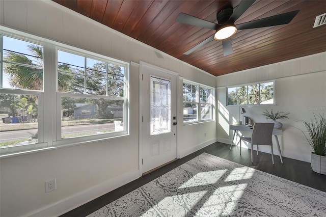 sunroom featuring wooden ceiling, ceiling fan, and a healthy amount of sunlight