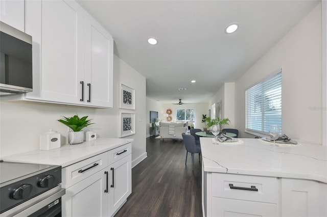 kitchen with dark wood-type flooring, ceiling fan, light stone counters, white cabinetry, and stainless steel appliances