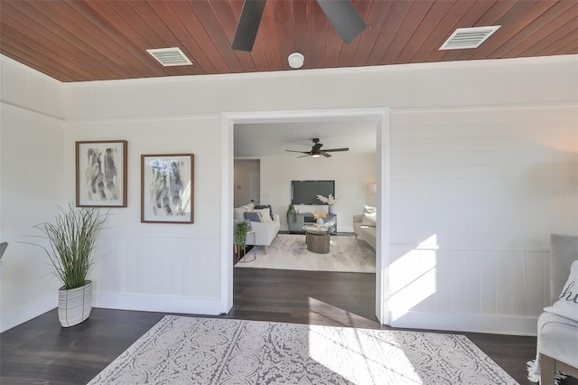 hallway featuring wood ceiling and dark wood-type flooring