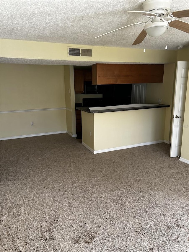 kitchen with carpet flooring, a textured ceiling, and ceiling fan