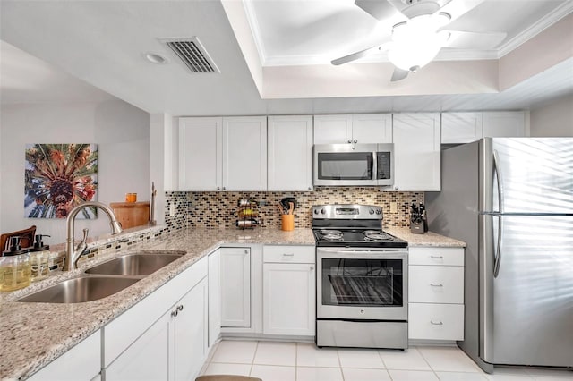 kitchen with white cabinets, stainless steel appliances, ceiling fan, and sink