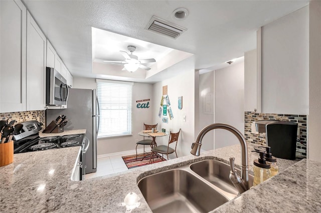 460 Paula Dr S Unit 101, Dunedin, FL 34698 - kitchen featuring stainless steel microwave, a sink, electric range oven, and light stone countertops