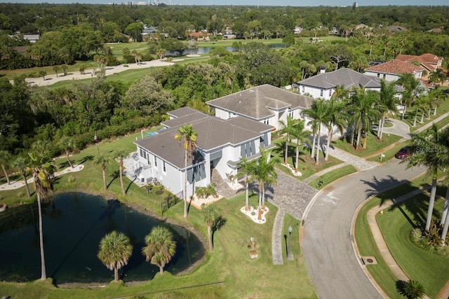 bird's eye view with a water view