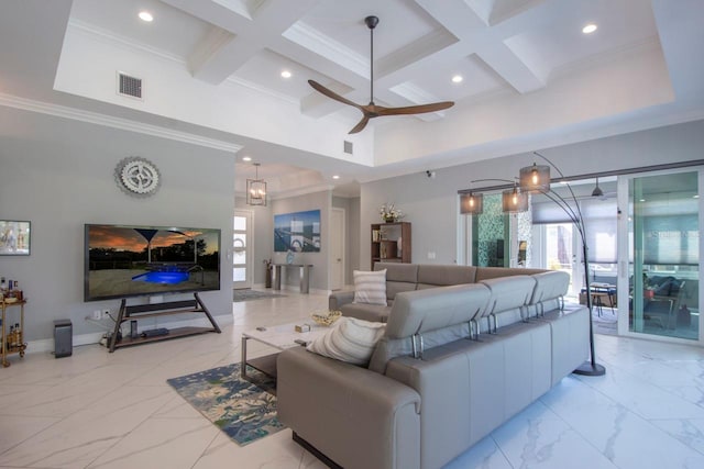 living room with beam ceiling, ornamental molding, ceiling fan, and coffered ceiling