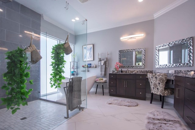 bathroom featuring vanity, a wealth of natural light, and crown molding