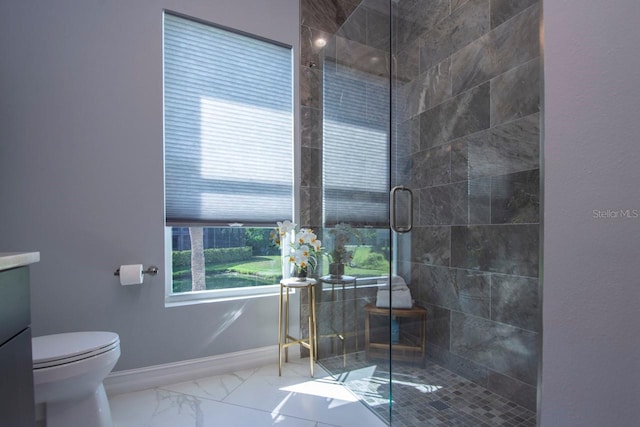 bathroom featuring vanity, toilet, and a shower with shower door