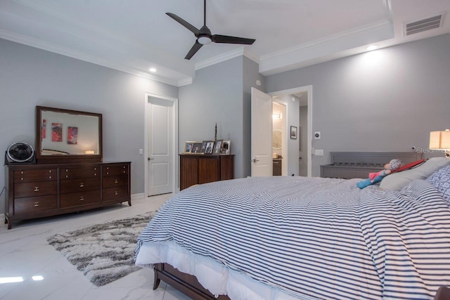 bedroom with ensuite bathroom, ceiling fan, and ornamental molding