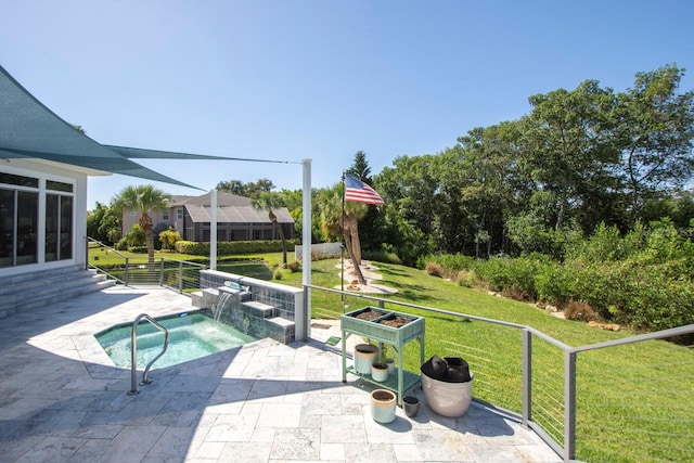 view of pool featuring a jacuzzi, a yard, a patio, and pool water feature