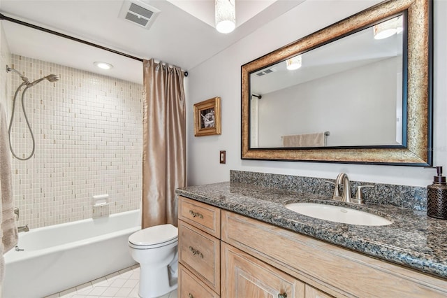 full bathroom with vanity, toilet, and shower / tub combo with curtain