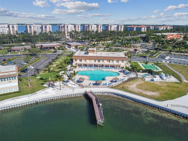 drone / aerial view with a water view