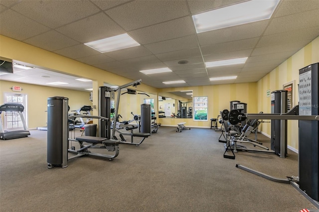 gym featuring carpet flooring and a paneled ceiling