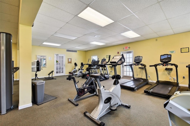 workout area with carpet flooring and a paneled ceiling