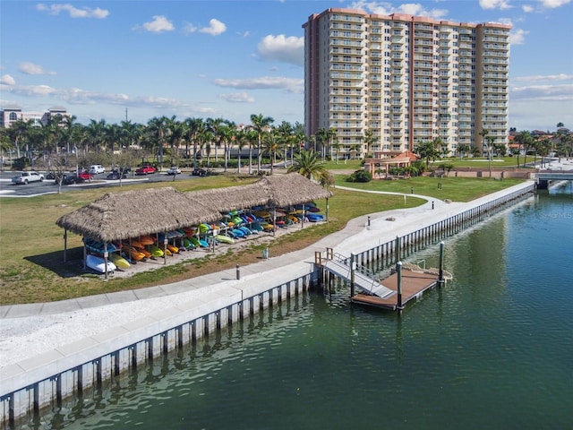 dock area with a gazebo and a water view