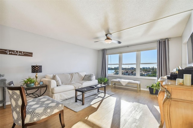 living room with ceiling fan, a textured ceiling, and light hardwood / wood-style flooring