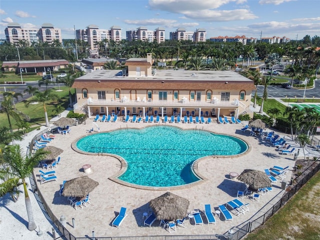 view of pool featuring a patio