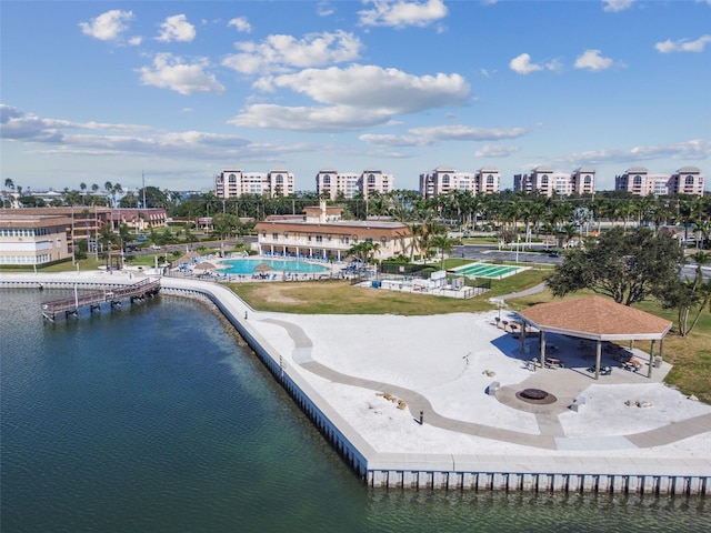 drone / aerial view with a water view