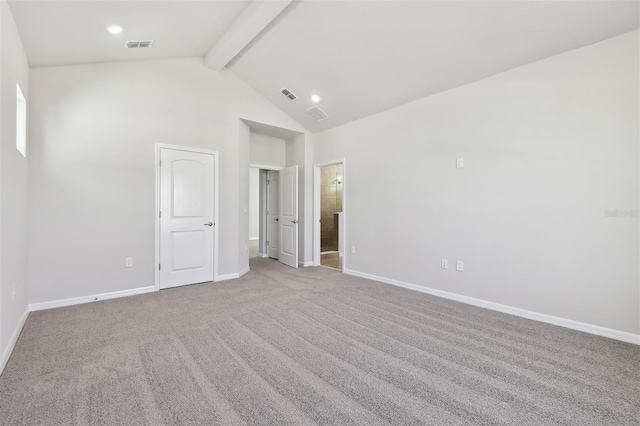 unfurnished bedroom featuring high vaulted ceiling, beam ceiling, light colored carpet, and ensuite bathroom