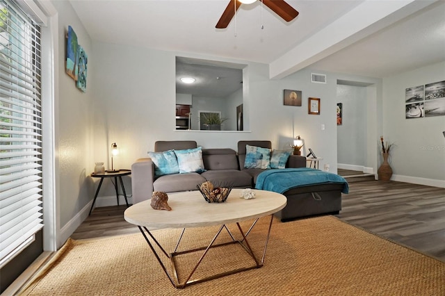 living room with beamed ceiling, hardwood / wood-style flooring, plenty of natural light, and ceiling fan