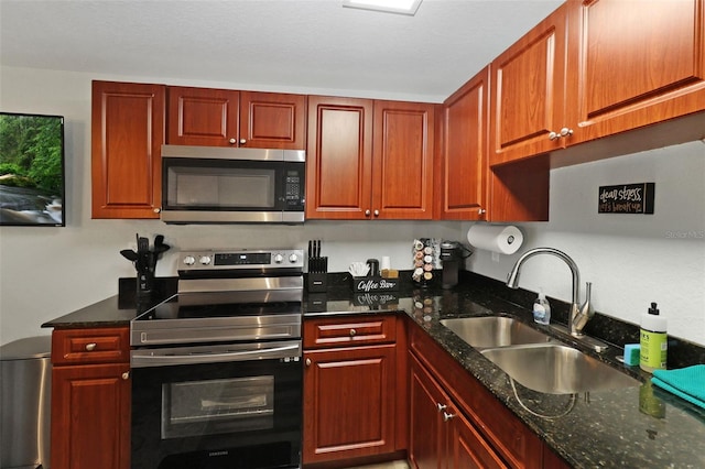 kitchen featuring dark stone counters, sink, and stainless steel appliances